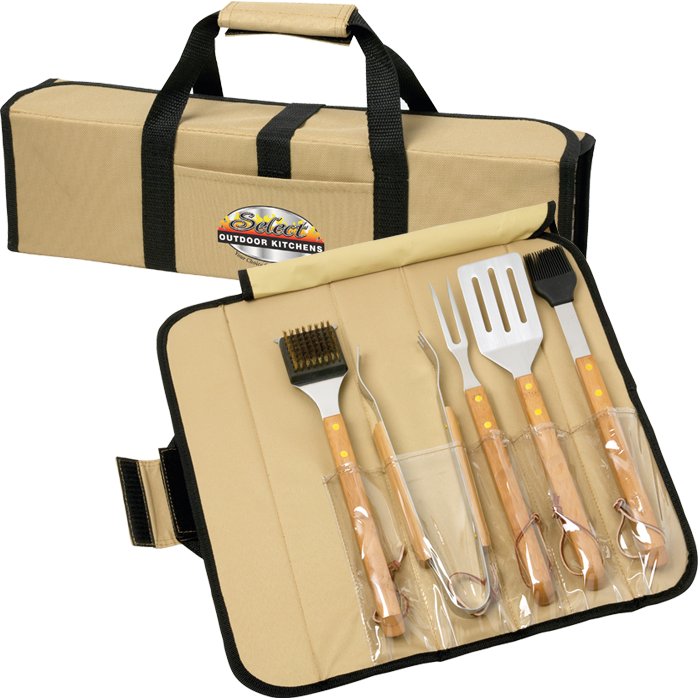 Logo Home Works 5 Piece BBQ Set (Bamboo) in Roll-Up Case